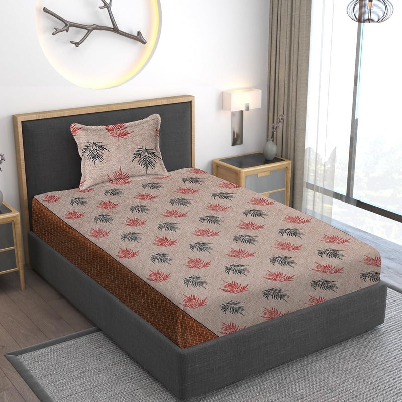 STARNSTYLE ستارنستايل 220 TC ميكروفايبر مطبوع بتصميم زهور ملاءة سرير مفرد مع غطاء وسادة - بني - Image 1